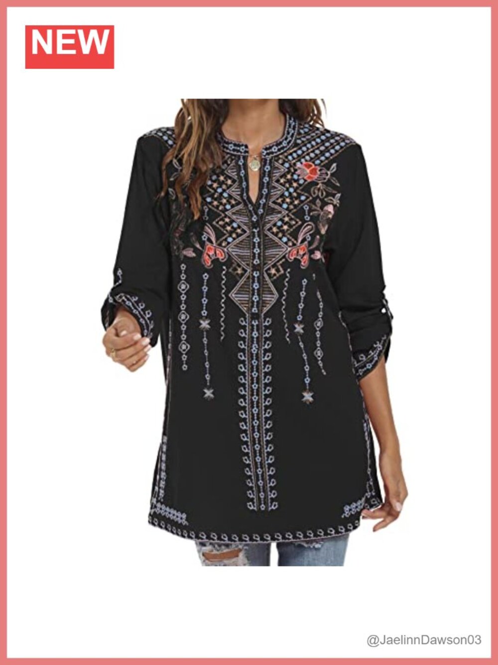 Women's Embroidered Peasant Tunic Top Boho Cotton Rayon Loose Blouse